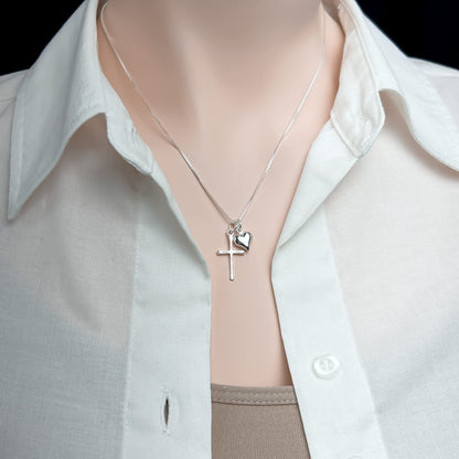 Sterling Silver Cross Necklace for Girls, Sterling Silver Cross with Puffed Heart Charm, First Communion Gift Necklace for Daughter, Goddaughter Gift Necklace