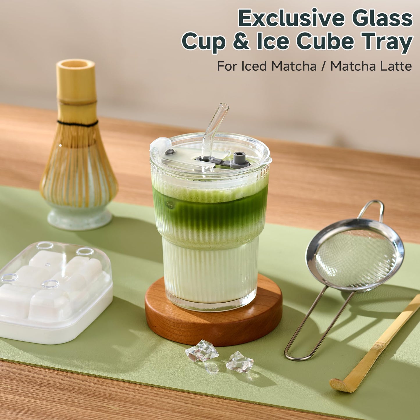 ComboJoy Matcha Whisk Set, Complete Matcha Kit with Bowl, Bamboo Whisk & Holder, Scoop, Sifter, Glass Cup with Lid & Straw, Ice Cube Tray – Matcha Gift Set for Matcha Lovers