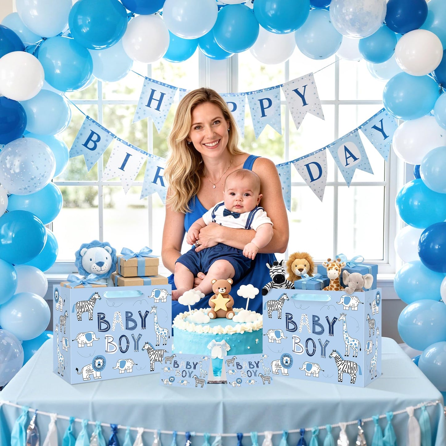 Baby Boy Gift Bag Animal Baby Shower Paper Gift Bag with Tissue Paper and Greeting Card, Blue Animal Baby Boy Birthday Wrapping Paper Bag for Kids Boys Baby Shower Birthday Party Decorations Supplies