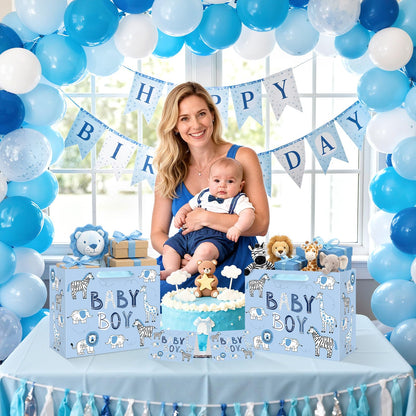 Baby Boy Gift Bag Animal Baby Shower Paper Gift Bag with Tissue Paper and Greeting Card, Blue Animal Baby Boy Birthday Wrapping Paper Bag for Kids Boys Baby Shower Birthday Party Decorations Supplies