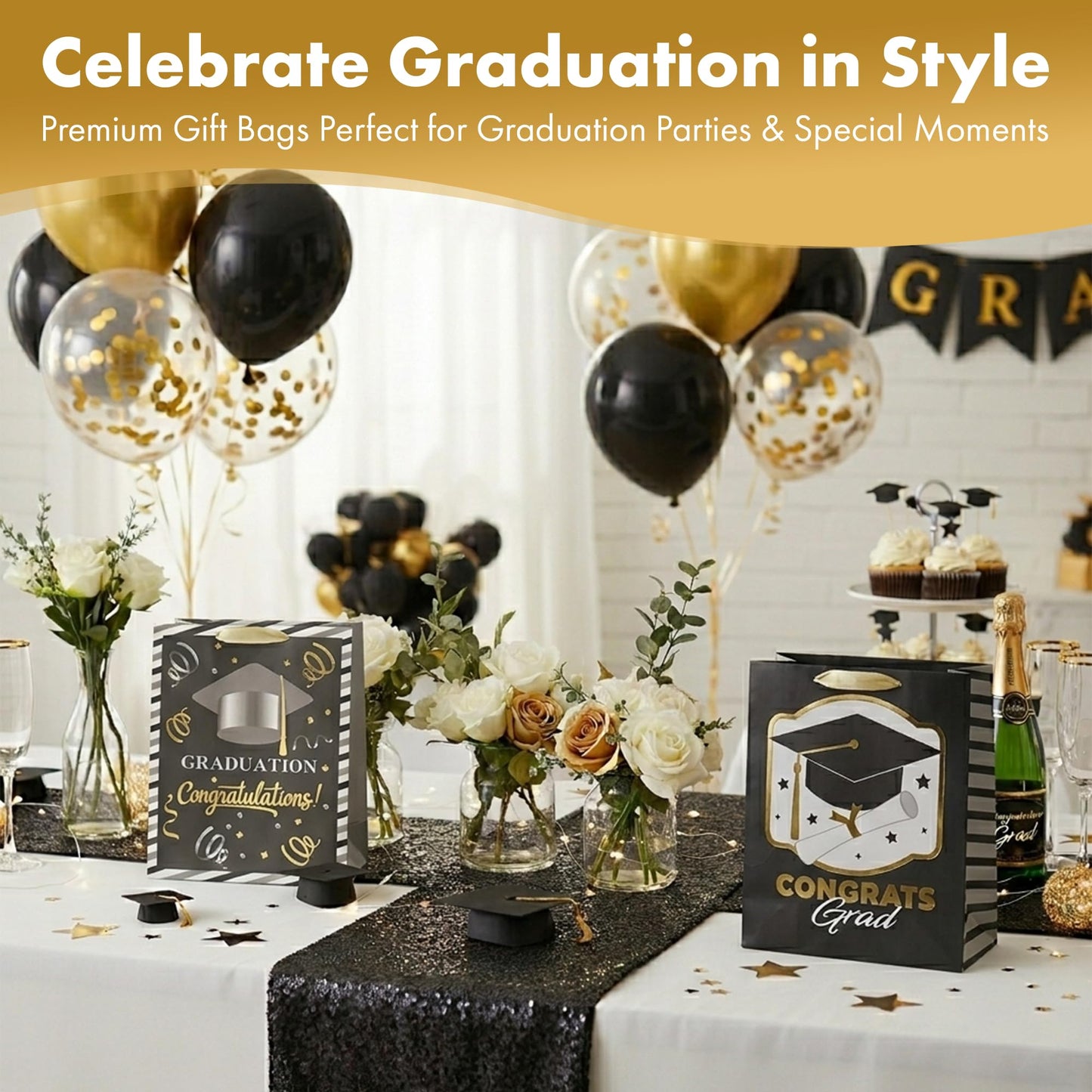 Iconikal 3-Pack Graduation Gift Bags, Large 10.5x13x5.5 Inch, Foil Embellished Designs