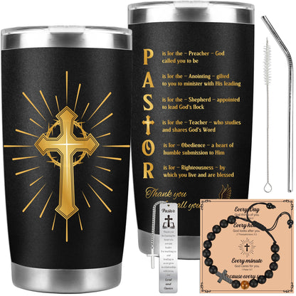 Pastor Appreciation Gifts for Men, Unique Pastor Gift Set, Thank You Gifts with Tumbler, Bracelet & Bookmark for Birthday Christmas Retirement, Present for Dad Husband Grandapa Friends