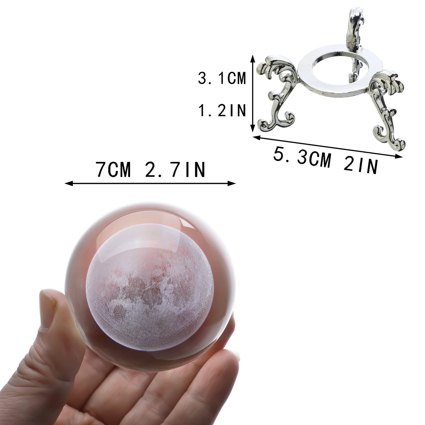 H&D HYALINE & DORA 70mm (2.75 Inch) 3D Laser Moon Crystal Glass Ball Paperweight with Metal Stand Home Decoration Collectible Gift