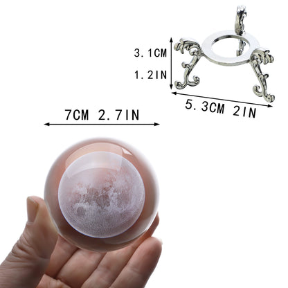 H&D HYALINE & DORA 70mm (2.75 Inch) 3D Laser Moon Crystal Glass Ball Paperweight with Metal Stand Home Decoration Collectible Gift