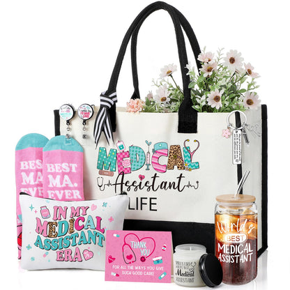 Skylety 9 Pcs Nurse Medical Assistants Gift Set for Women Trapezoid Grocery Canvas Tote Bags with Handle Glass Jar Tumbler Scented Candle Badge Reel Socks Novelty MA Nurse Week Appreciation Gift