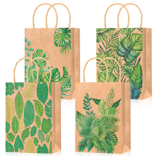 HOWAF 12pcs Summer Tropical Palm Leaves Gift Bags, Tropical Leaf Candy Goody Bag for Hawaii Summer Aloha Tiki Luau Supplies, Green Monstera Leaf Paper Bags for Baby Shower Bachelorette Party