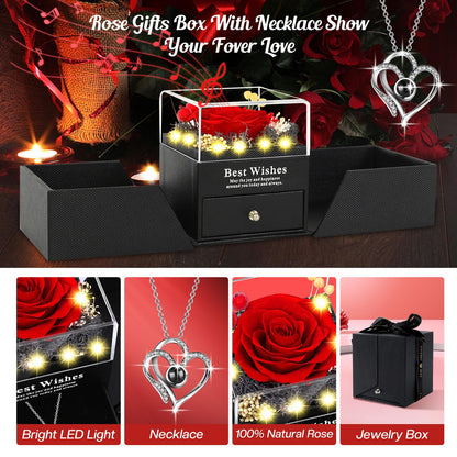 Pasuvsigt Mothers Day Mom Birthday Gifts for Women, Preserved Real Rose with I Love You Heart 100-Language Necklace, LED Lights & Music Box, Anniversary for Women Girlfriend Mom