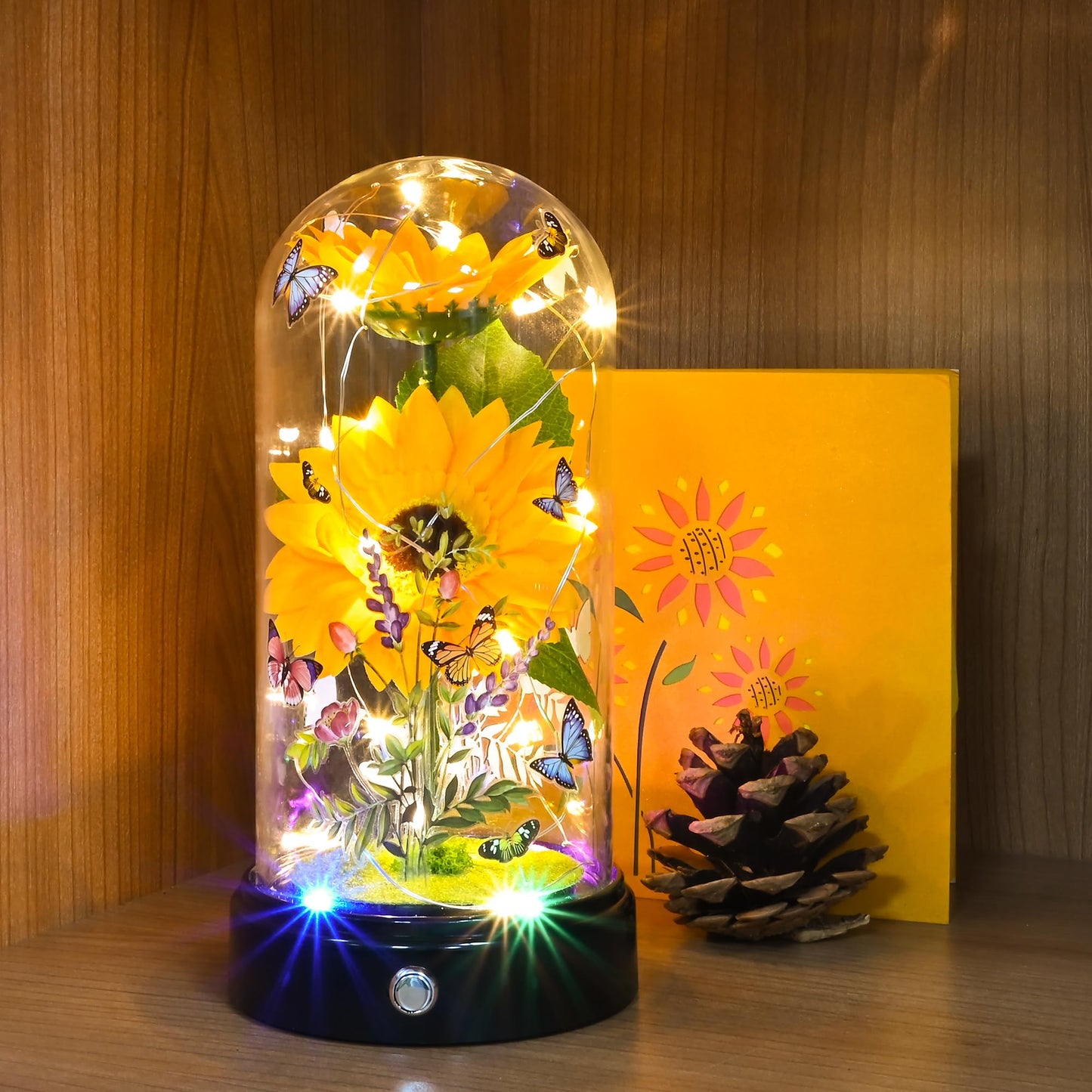 TECHSHARE Artificial Sunflower Gifts for Women, Yellow Artificial Sunflowers with LED Light in Glass Dome, Cute Sunflower for Christmas, Birthday, Mother's Day, Valentine's Day