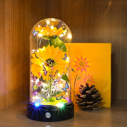 TECHSHARE Artificial Sunflower Gifts for Women, Yellow Artificial Sunflowers with LED Light in Glass Dome, Cute Sunflower for Christmas, Birthday, Mother's Day, Valentine's Day