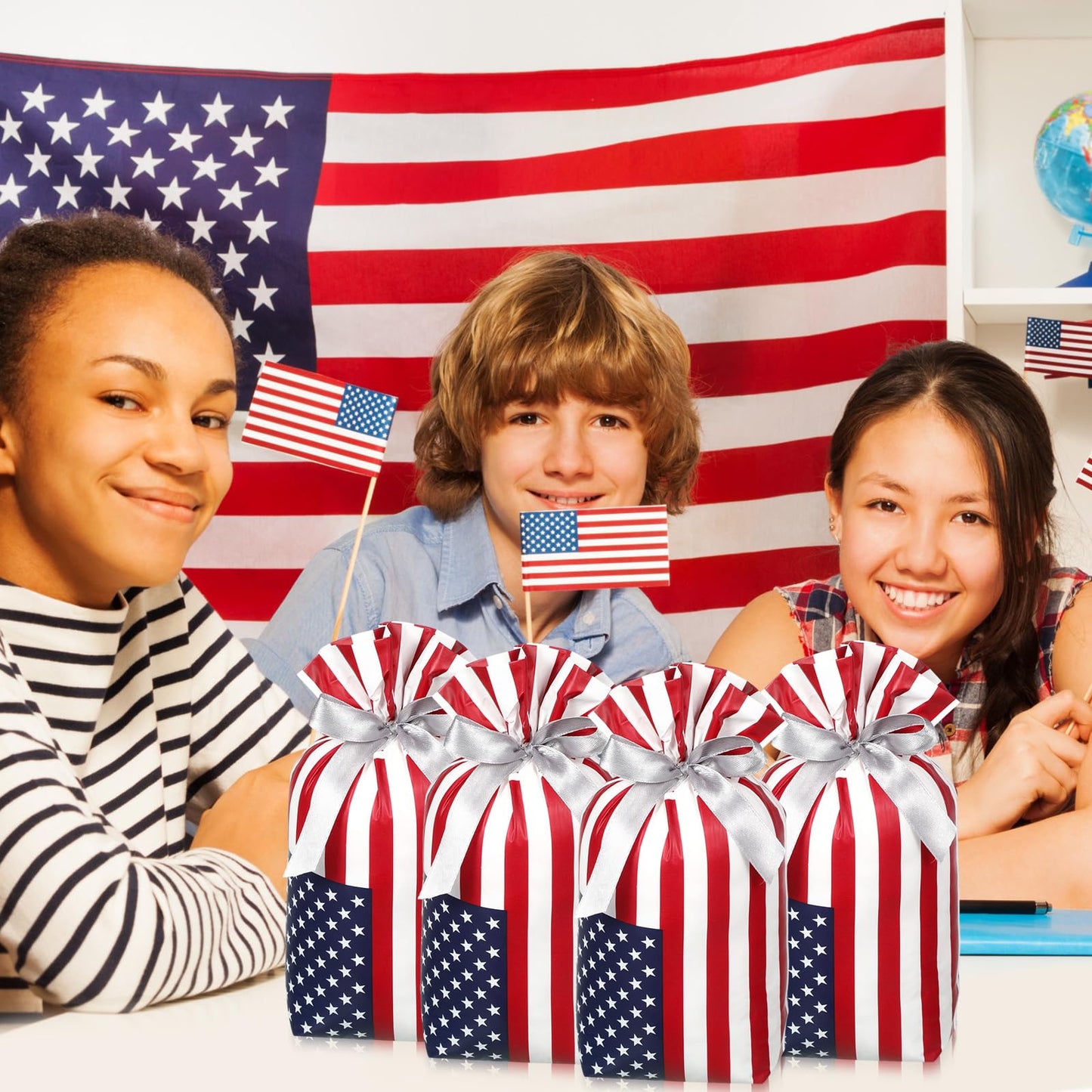 Clysee 100 Pcs Patriotic Gift Bags Bulk with Drawstring 4th of July Plastic American Flag Treat Goodie Bags USA Red Blue and White Candy Pouches Independence Day Patriotic Party Favors Supplies
