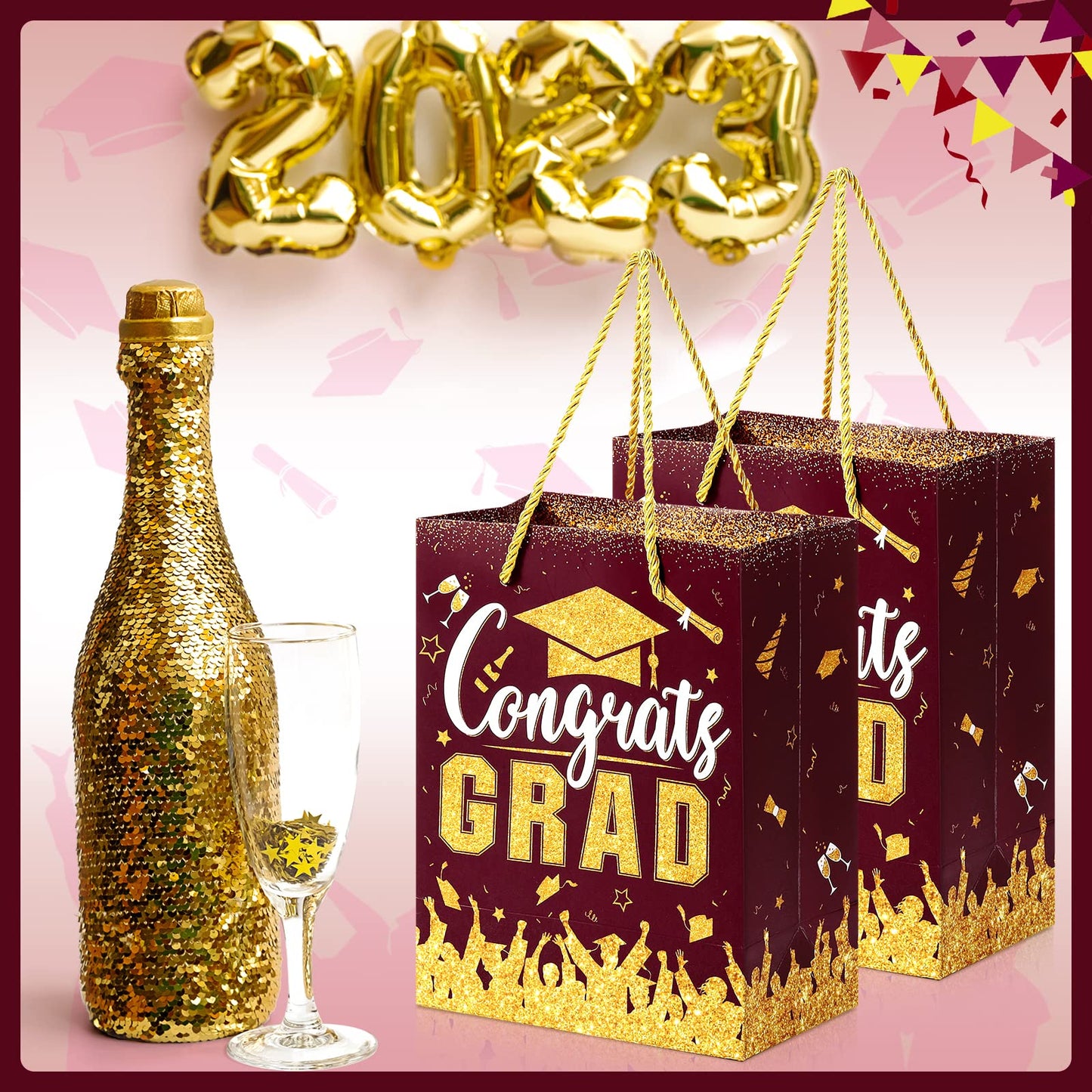 TaoBary 12 Pcs Graduation Gift Bags with Tissue Party Favor Bag Handles Class of 2026 Grad Paper Goodie Bulk for Congrats Supplies(Burgundy Gold)