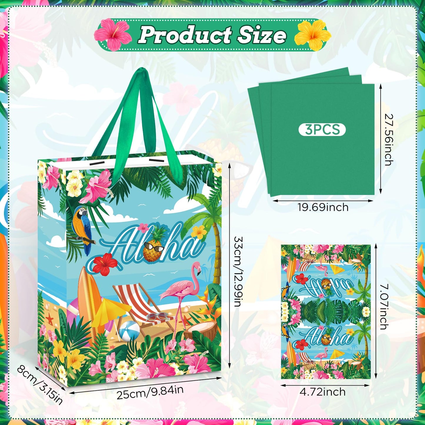 Summer Hawaiian Gift Bag, Aloha Beach Birthday Wrapping Paper Bag with Card Tissue Paper Tropical Luau Gift Bag for Retirement Weddings Bridal Showers Baby Showers Hawaii Party Decorations Supplies