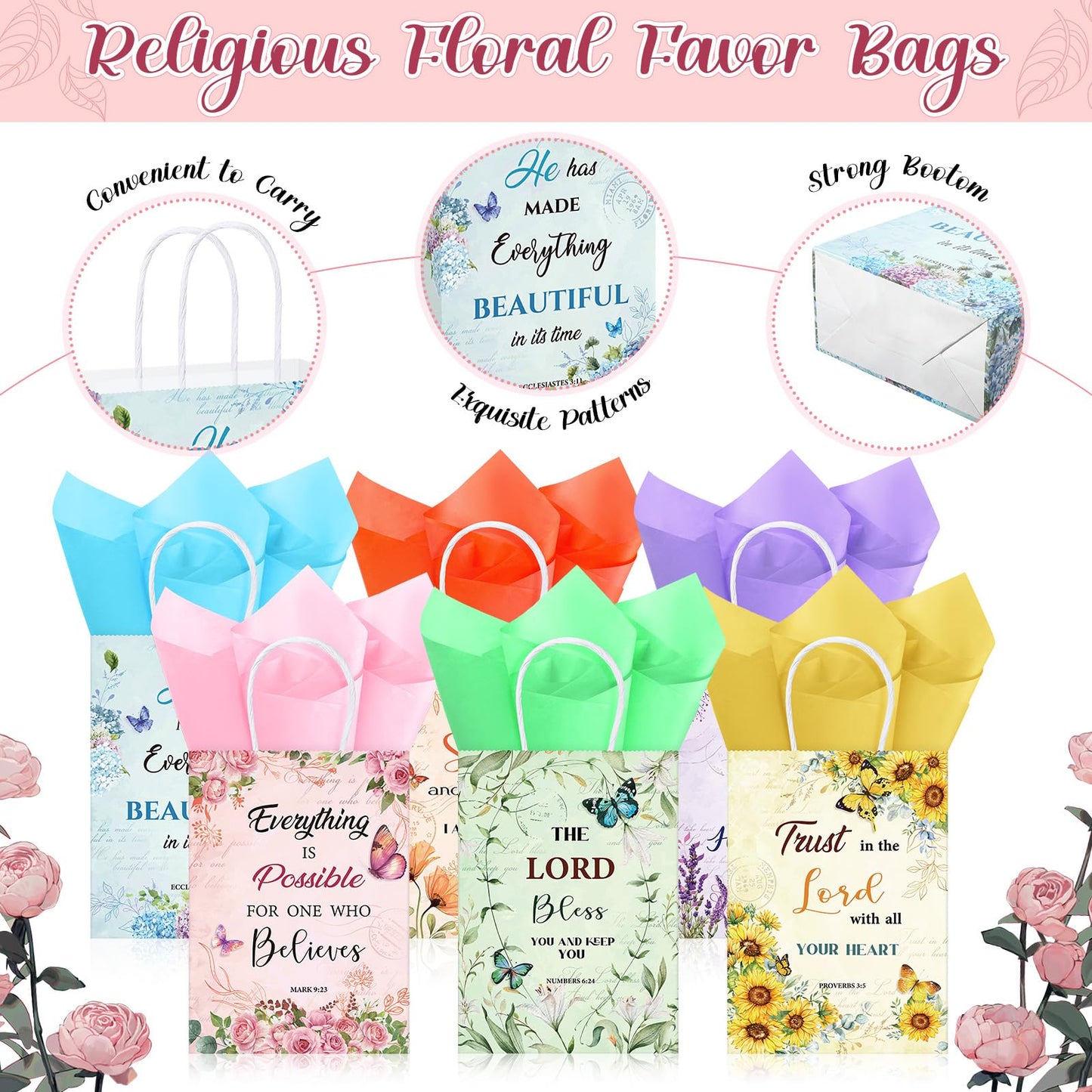 Pasimy 120 Pcs Christian Gift Bags Sets with 60 Religious Floral Bags and 60 Tissue Paper Floral Mother's Day Goody Bag Christian Bible Verse Gift Bag for Women Teacher Mother's Day Birthday Party