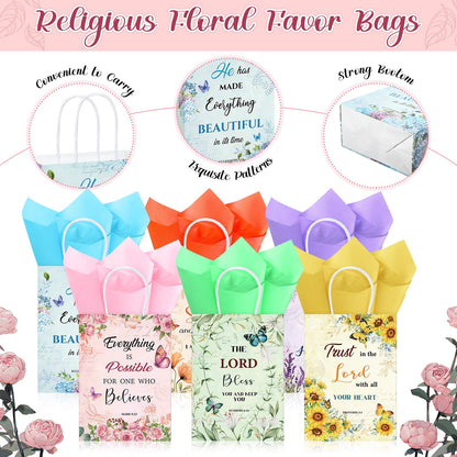 Pasimy 120 Pcs Christian Gift Bags Sets with 60 Religious Floral Bags and 60 Tissue Paper Floral Mother's Day Goody Bag Christian Bible Verse Gift Bag for Women Teacher Mother's Day Birthday Party