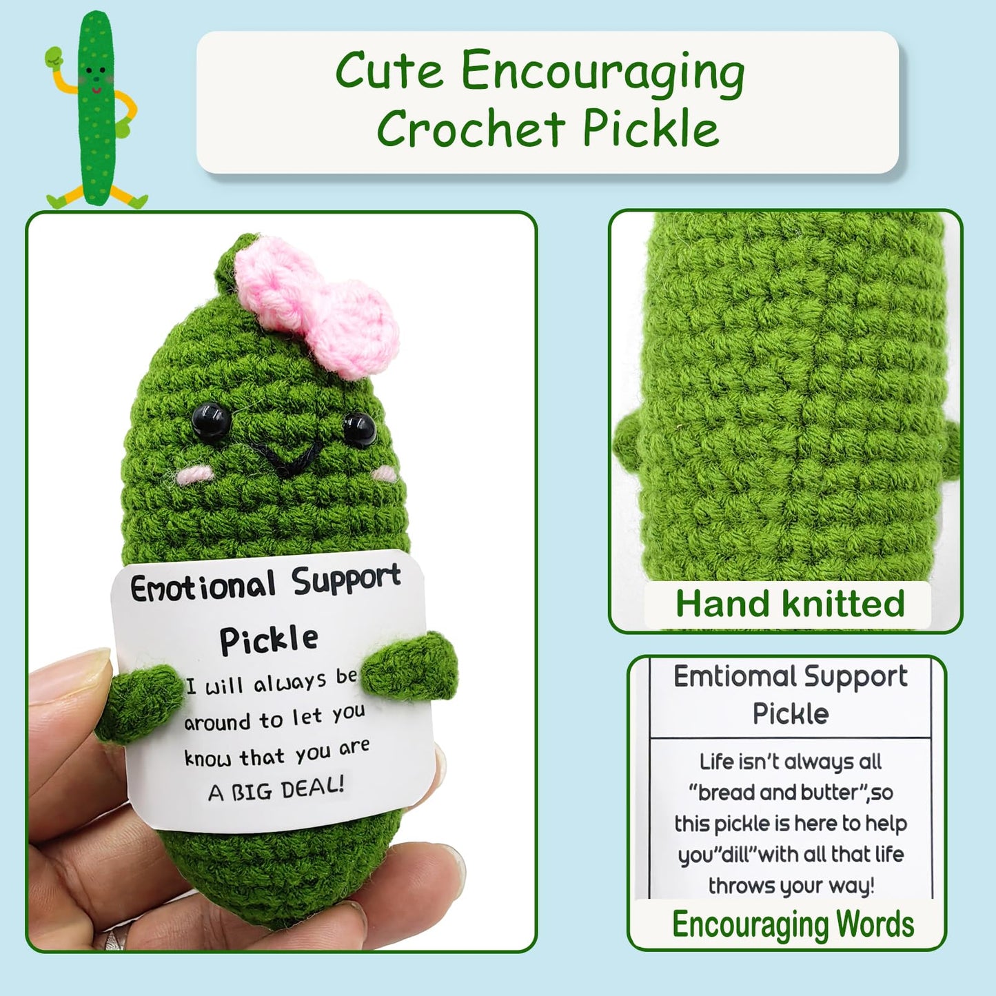 Emotional Encouraging Pickle,Funny Pickle with Support Card,Cute Knitted Crochet Dolls Soft Plush for Friend Gifts (Pickle)