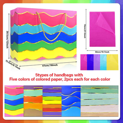 MUMULULU 5 Pack 16" Extra Large Gift Bags with Handle and Tissue Paper Birthday Gift Bags Rainbow Gift Bags for Birthday Party Baby Shower Wedding Holiday Presents