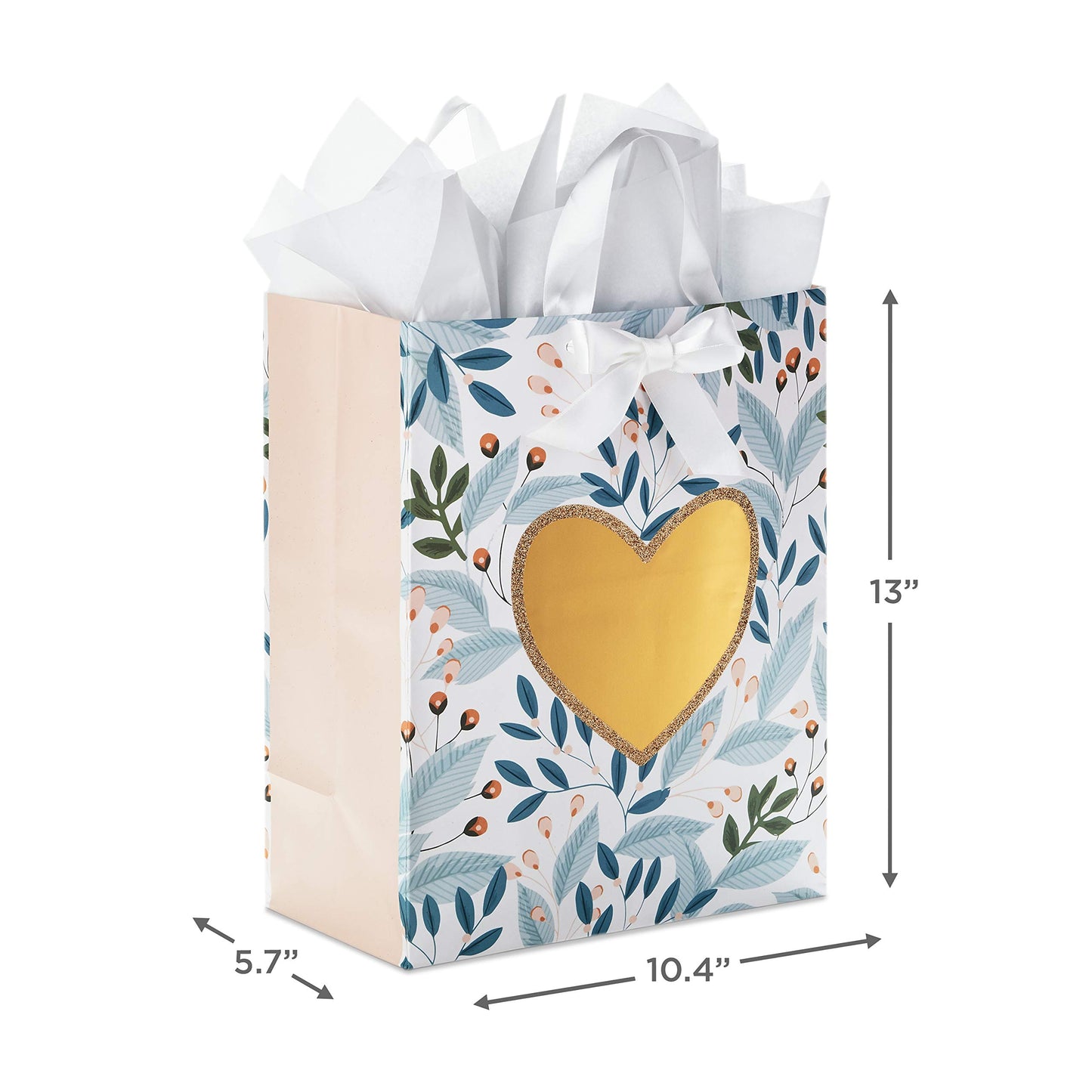 Hallmark 13" Large Gift Bag with Tissue Paper (Green Foliage, Gold Heart) for Weddings, Engagements, Anniversaries, Bridal Showers, and More