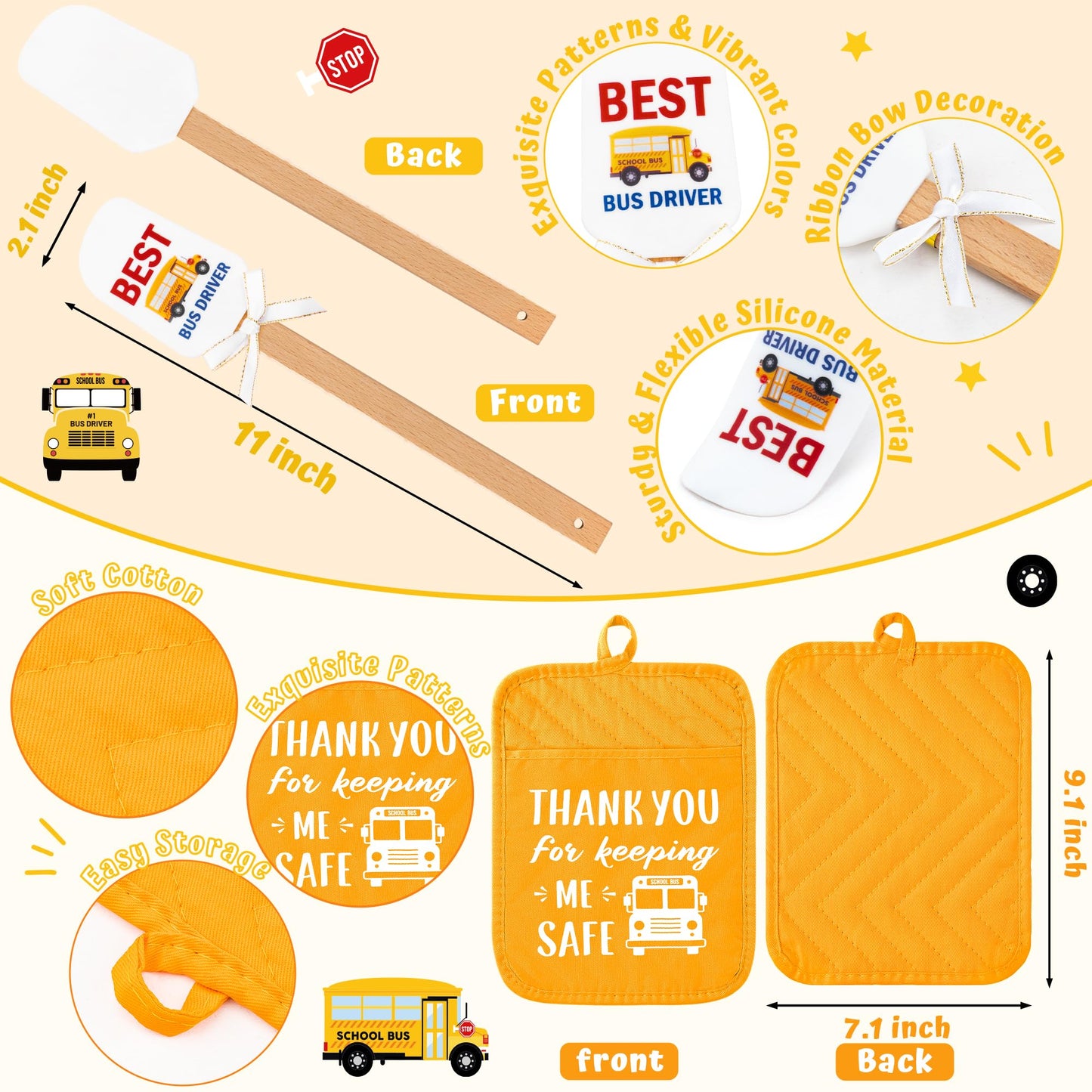 Bus Driver Appreciation Gift Set - R HORSE 3Pcs Thank You Bus Driver Gift Yellow Pot Holder with Silicone Spatula and Greeting Card Heat Resistant Oven Mitts for Bus Driver Retirement Teacher Day Gift