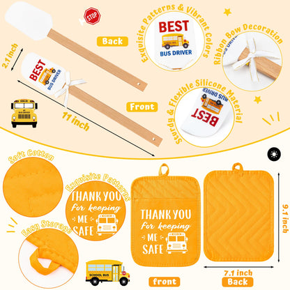 Bus Driver Appreciation Gift Set - R HORSE 3Pcs Thank You Bus Driver Gift Yellow Pot Holder with Silicone Spatula and Greeting Card Heat Resistant Oven Mitts for Bus Driver Retirement Teacher Day Gift