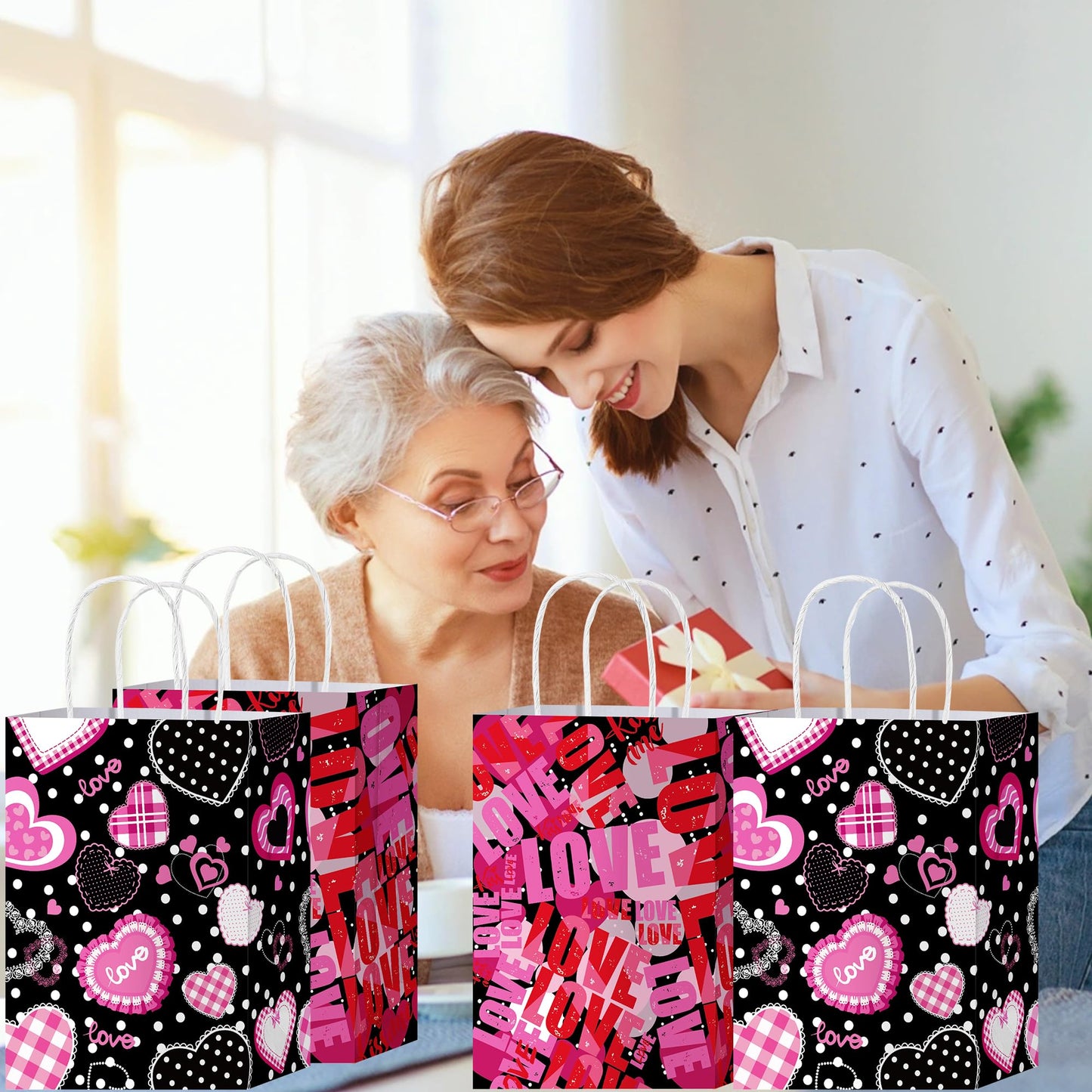 W WINTMING 12PCS Mother Day Gift Bag with Handles Love Pink Red Mother's Day Bags Valentines Goodie Bags for Anniversary Mother’s Day Gift Wrapping Bag