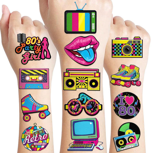 96 PCS 80s Pre-Cut Temporary Tattoos Sticker Roller Skate 80s Birthday Party Decorations Favors Supplies Gifts Boys Girls Men Women, 90s 1980s Vintage Retro Cute Tattoo School Prizes Themed (Normal)
