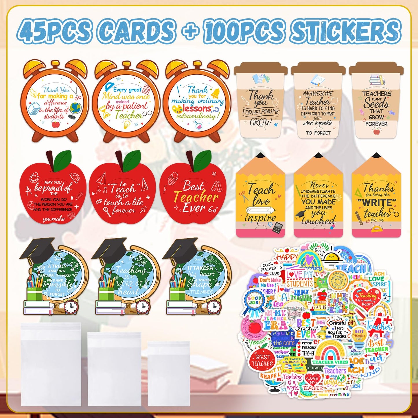 45Pcs 15 Styles Teacher Appreciation Gift Card Holders Bulk with 100 Styles Teacher Stickers–End of School Year Gifts Thank You Cards for Teachers Back to School or Teacher Appreciation Week Supplies