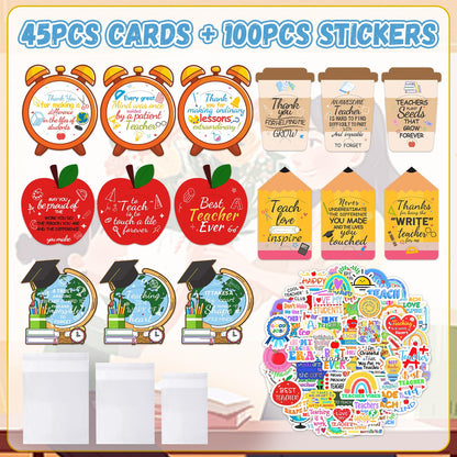 45Pcs 15 Styles Teacher Appreciation Gift Card Holders Bulk with 100 Styles Teacher Stickers–End of School Year Gifts Thank You Cards for Teachers Back to School or Teacher Appreciation Week Supplies