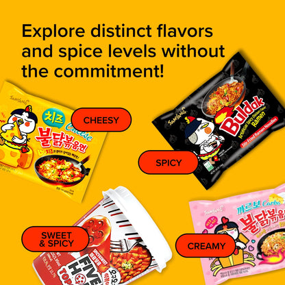 Korean Spicy Ramen Box | 3 Buldak Ramen “Original, Cheese, Carbo +1 Korean Spicy Rice Cake Tteokbokki +1 Korean Sweet Drink + 4 Chopsticks | Korean Food Box Gift - Journey of Korea