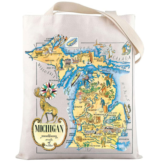 LEVLO Fun State Map Tote Bag - Michigan Travel Souvenir Gift - 1940's Michigan Cartoon Illustration Shoulder Bag