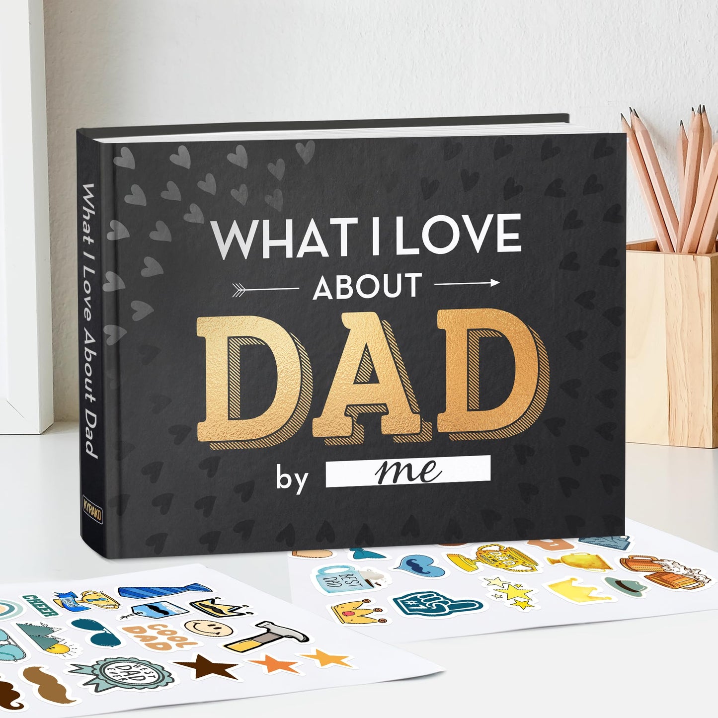 KYRAKO Fathers Day Gift for Dad from Daughter, Son, Kids - What I Love about Dad Book, Fill-in-the-Blank Book for Dad: Fun Prompt Notebook to Share Memories, Thoughtful Birthday Present & Keepsake
