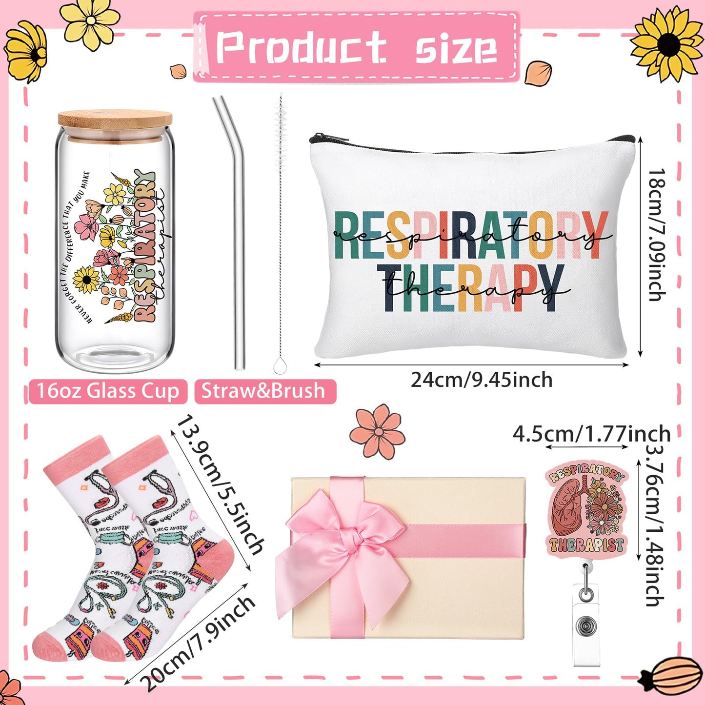 Skylety 5 Pcs Respiratory Therapist Gifts Set 16oz Glass Cup Socks Cosmetic Bag RT Badge Reel Thank You RT Appreciation Gift Box for Women Respiratory Therapist accessories Nurse Doctor Gift