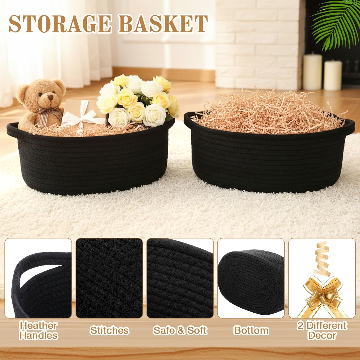 Colingmill Graduation Woven Basket with Gift Bags and 2 Ribbons, Raffia Grass Paper Shred Filler, Gift Card, Empty Small Rope Basket for Storage Presents Toy Organizer(Black,12 * 8 Inch)