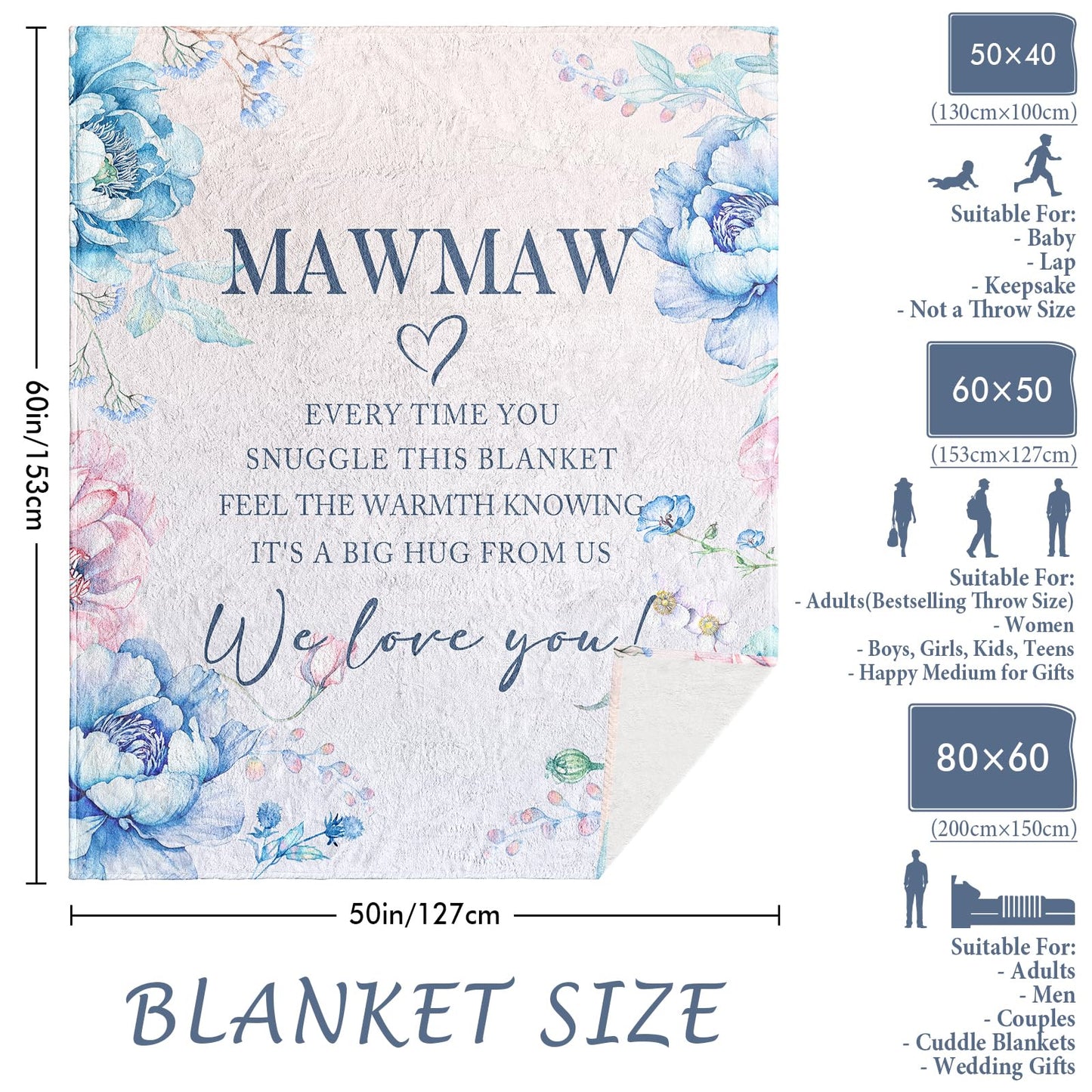 Mawmaw Gifts, Mawmaw Blanket 60" x 50", Mawmaw Birthday Gifts, Grandma Gifts for Mawmaw, Mother's Day Mawmaw Gifts, Mawmaw Gifts from Grandchildren, Mawmaw Gifts for Christmas