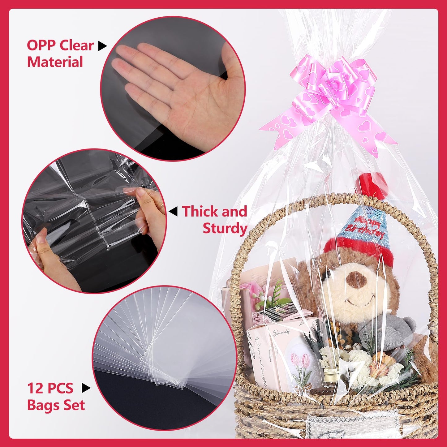 woric 12 Pcs Clear Cellophane Bags 18x30 Inch Cellophane Wrap for Gift Baskets Cello Gift Bags for Graduation Gifts Basket Stuffers Candy Wedding Party Baby Bridal Shower Wine Bottles