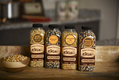 Amish Country Popcorn | Popcorn Kernel Variety Set | 4-14 oz Bottles | Baby White, Midnight Blue, Ladyfinger, Purple Popcorn Kernels | Old Fashioned, Non-GMO and Gluten Free (4-14 oz Bottles)