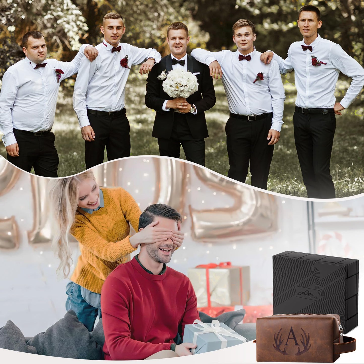 Mens Toiletry Bag Personalized Easter Fathers Day Birthday Gifts for Men Him Initial PU Leather Waterproof Shaving Bag for Toiletries Accessories Travel Essential for Dad Husband Boyfriend (M)