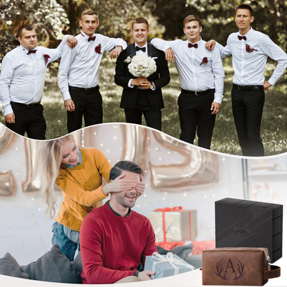 Mens Toiletry Bag Personalized Easter Fathers Day Birthday Gifts for Men Him Initial PU Leather Waterproof Shaving Bag for Toiletries Accessories Travel Essential for Dad Husband Boyfriend (M)