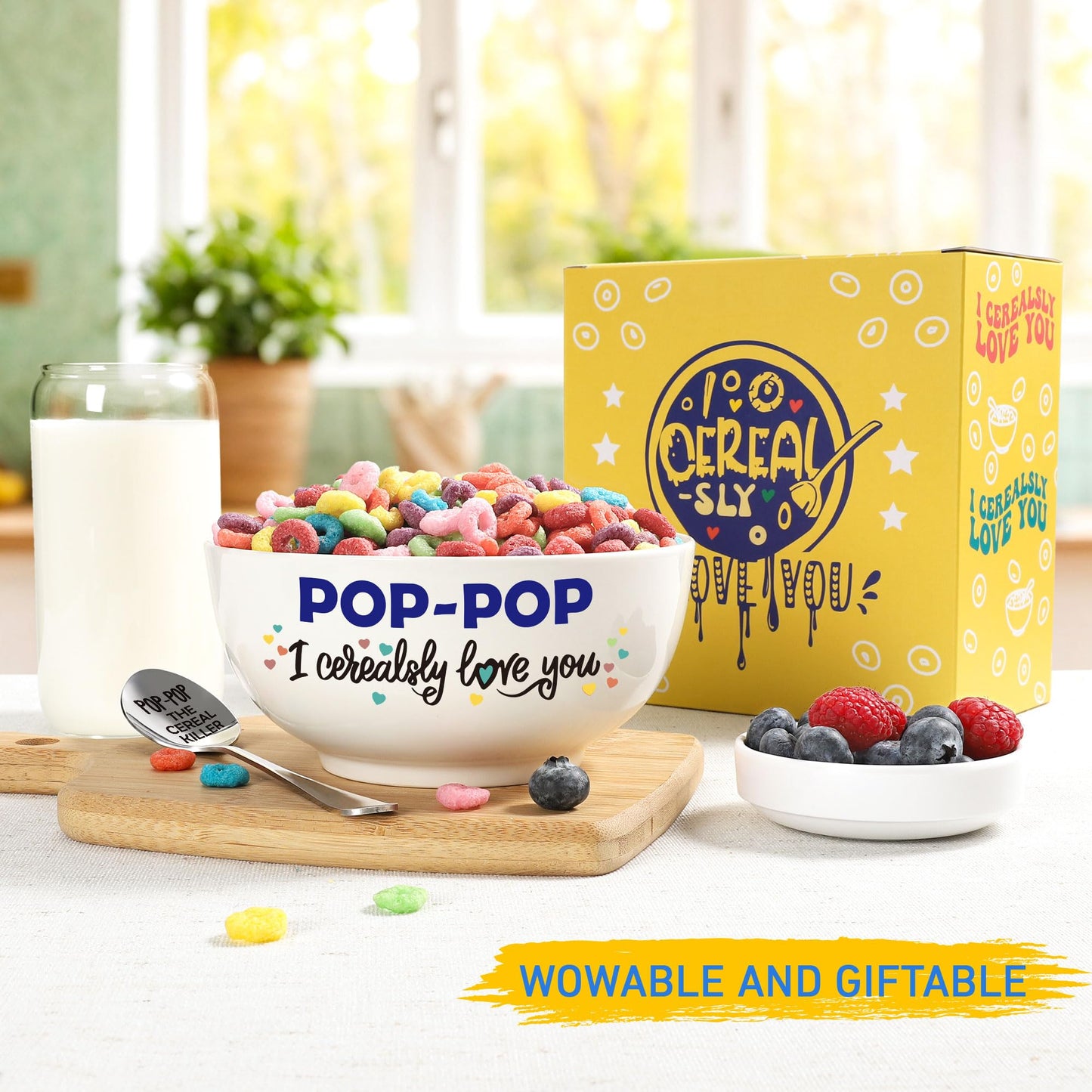 Pop-Pop Gifts for Fathers Day, Funny Pop Pop Gifts for Grandpa Birthday from Grandkids Granddaughter, Ceramic Cereal Bowl Presents, POP-POP I Cerealsly Love You