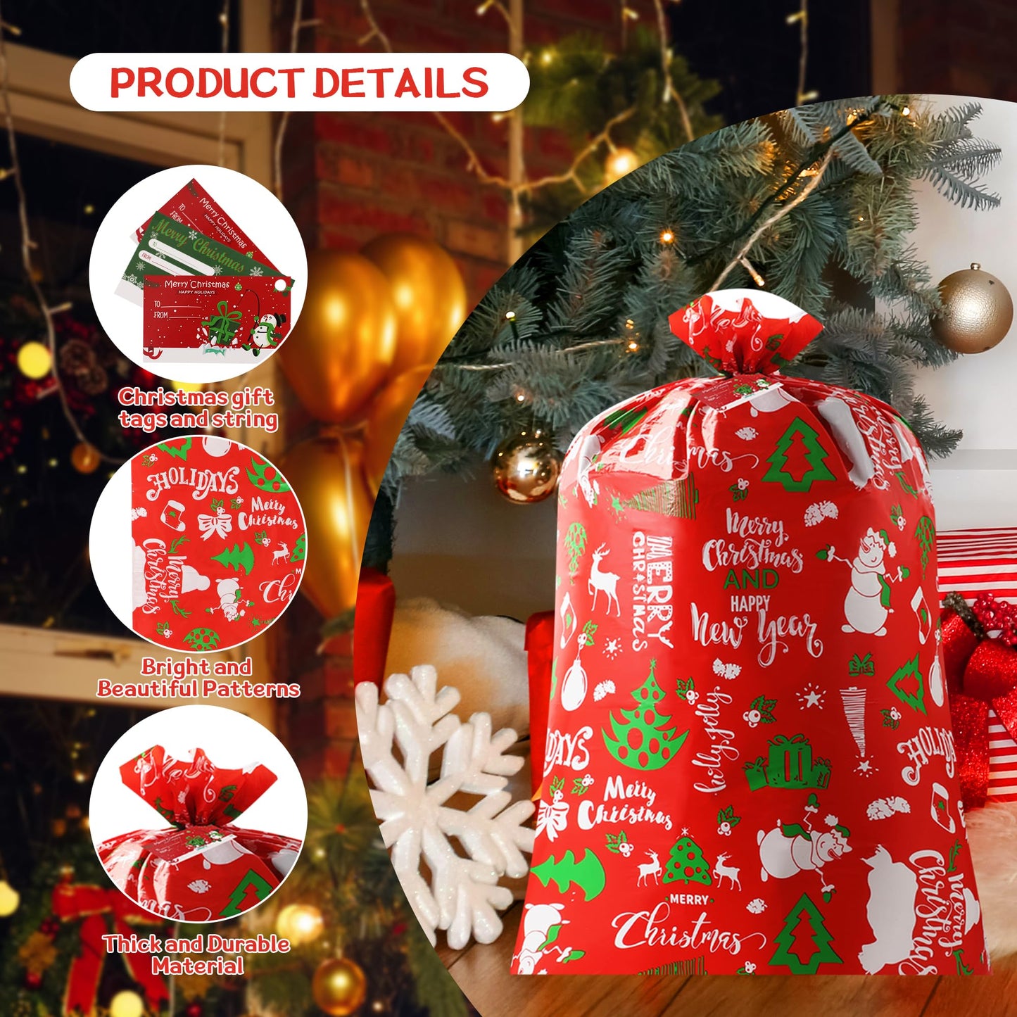 YIGOYIHU 3PCS Extra Large Christmas Gift Bags - 56’’ x 36’’ Jumbo Christmas Gift Bags - Giant Gift Bag for Huge Gifts with Tag & Tie - Heavy Duty Plastic Big Xmas Sack for Holiday Huge Present