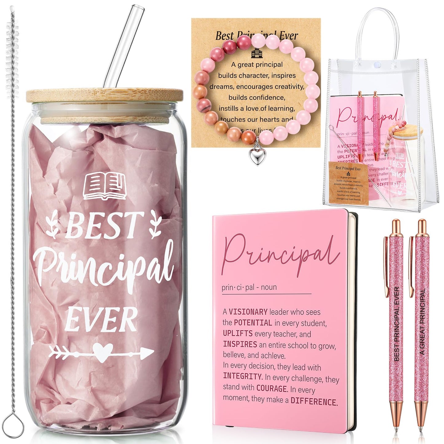 Vesici 6 Pcs Principal Appreciation Gifts for Men Women Best Principal Ever Glass Tumbler Inspirational Leather Notebook Pen Bracelet Gift Bag for Graduation Birthday Retirement(Pink)