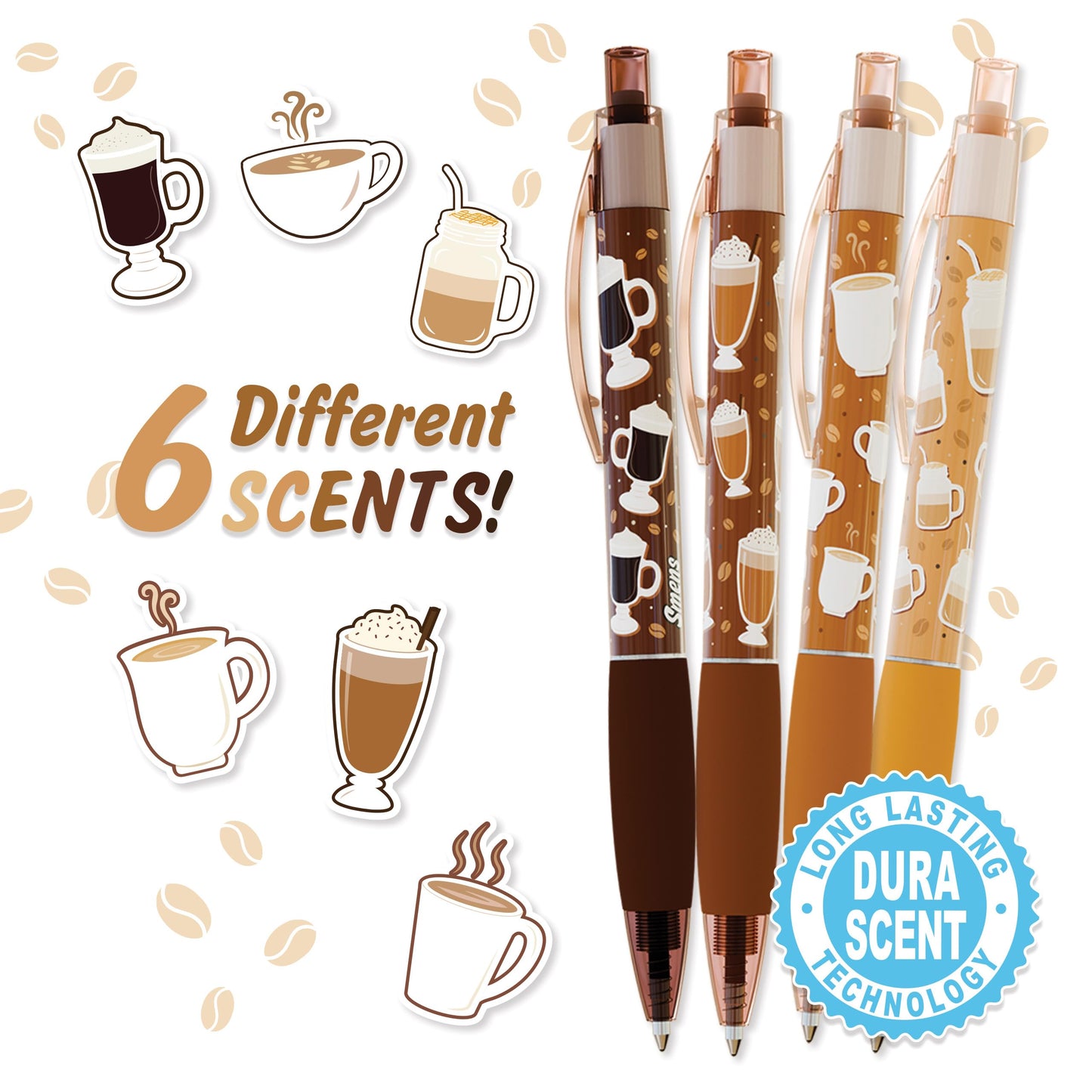 Scentco Coffee Smens - Gourmet Coffee-Scented Gel Pens, Black Ink, Medium Point, 6Pack Variety Set