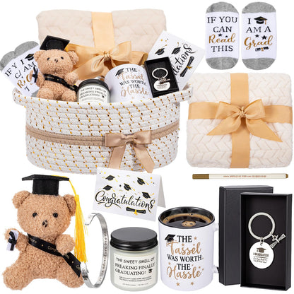 Zopeal 11 Pcs Graduation Gift for Her Him 2026, Congrats Grad Gift Basket for College or High School,Graduation Set with Mug, Candle, Blanket, Socks, Bracelet, Keychain, Banner, Bear (White)