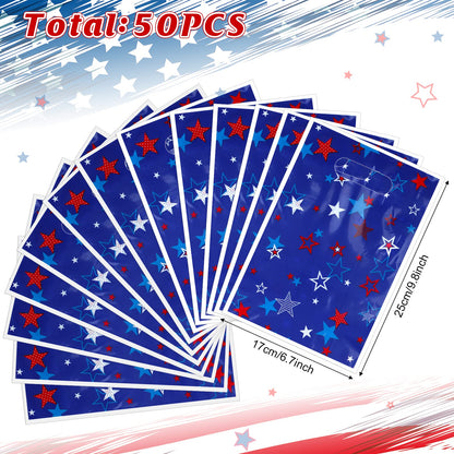 MASHAN 50 Pieces 4th of July Goodie Bags Bulk, Patriotic Gift Bags,Plastic Treat Gift Handles Bag with Red White Blue Star for Independence Day Memorial Day Veterans Day Decorations Party Supplies
