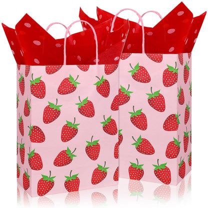 Whaline 16 Pcs Strawberry Party Favor Bags with 20 Sheets Red Tissue Paper Pink Paper Gift Bags with Handles Fruit Goodie Treat Bag for Sweet One Birthday Baby Shower Party Supplies