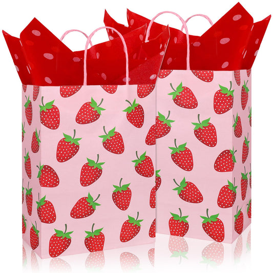 Whaline 16 Pcs Strawberry Party Favor Bags with 20 Sheets Red Tissue Paper Pink Paper Gift Bags with Handles Fruit Goodie Treat Bag for Sweet One Birthday Baby Shower Party Supplies