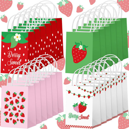 Outus 24 Pcs Strawberry Party Favor Bags Summer Strawberry Gift Bags Cute Strawberry Goodie Candy Paper Bags with Handles for Kids Berry First Birthday Party Supplies Baby Shower Wedding Decoration