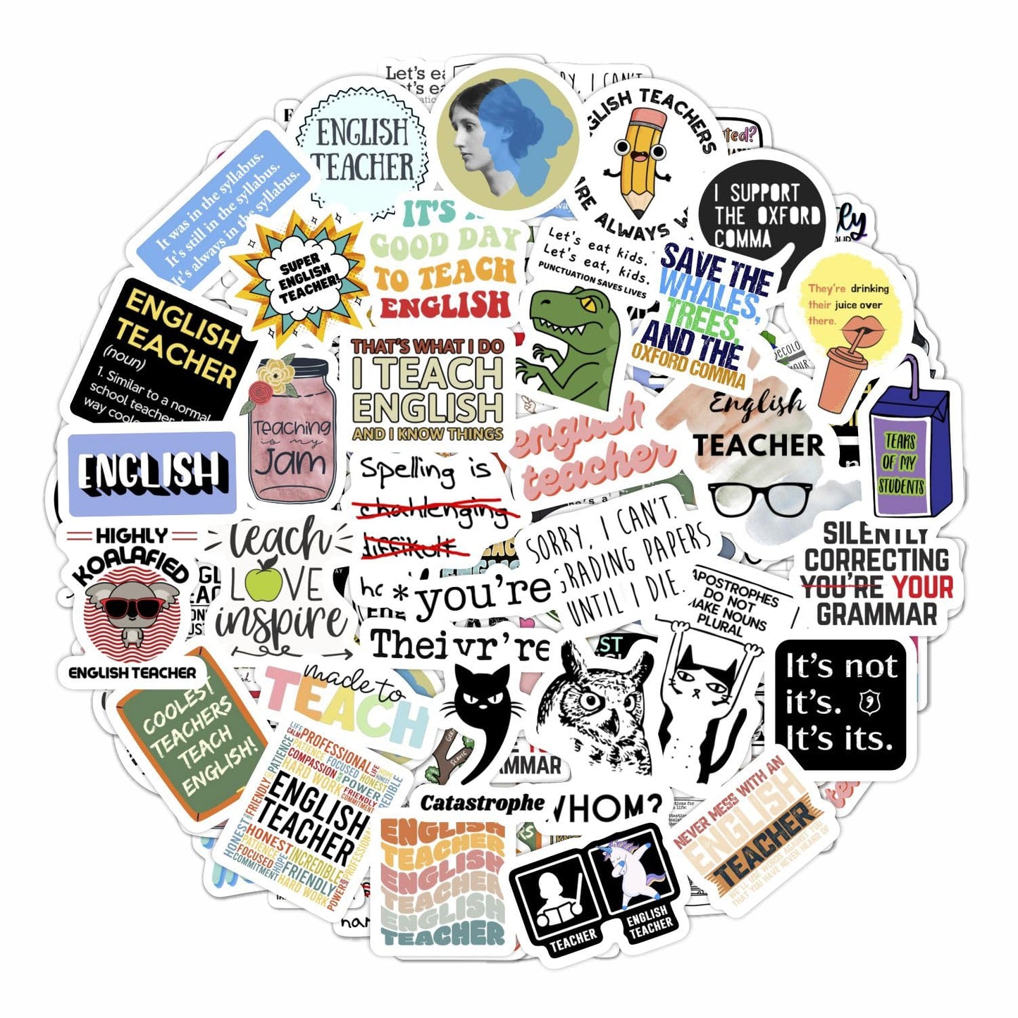 BulbaCraft 100Pcs English Teacher Stickers for Water Bottle and Laptop - English Teacher Party Supplies & Decorations, Waterproof Vinyl Decals, Literature Stickers, Gifts for Women & Men