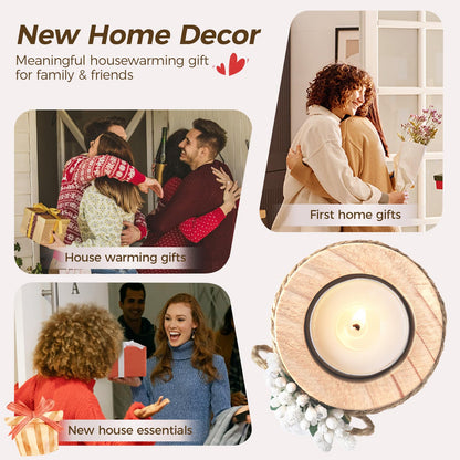 House Warming Gifts - New Home Gifts for New Homeowners, Women, Friends, Family, Wooden Candle Holder Set with 4 Tea Lights & Candle Mats - New Beginning Warming Gift Ideas for Party Decor