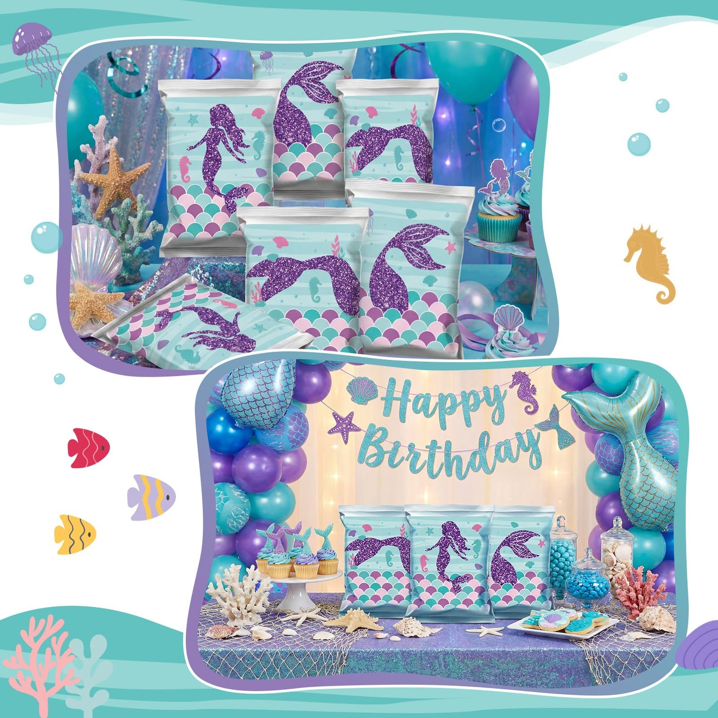 Marspark 36 Pcs Large Size Mermaid Birthday Stickers for Chip Bag 3 Style Mermaid Sticker Party Supplies for Ocean Under the Sea Birthday Snack Goodie Bags Gifts and Decorations, 4 x 3.5 Inches