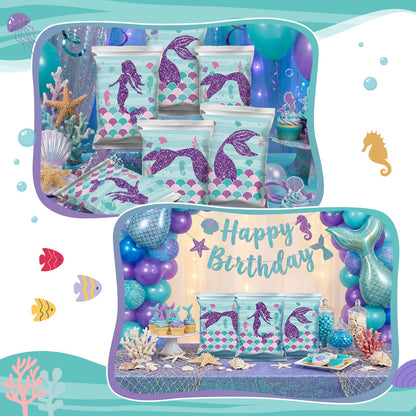 Marspark 36 Pcs Large Size Mermaid Birthday Stickers for Chip Bag 3 Style Mermaid Sticker Party Supplies for Ocean Under the Sea Birthday Snack Goodie Bags Gifts and Decorations, 4 x 3.5 Inches